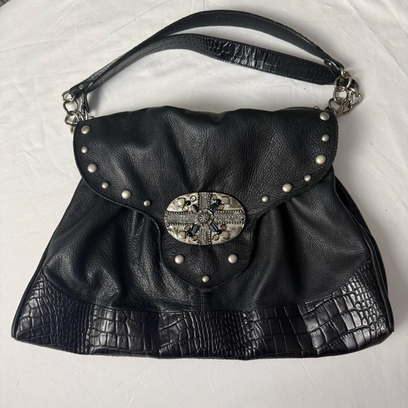 Leather Rock Handbags - Vintage LEATHEROCK USA Black Pebbled Leather Jewel Studded Rocker Hobo Y2K Biker